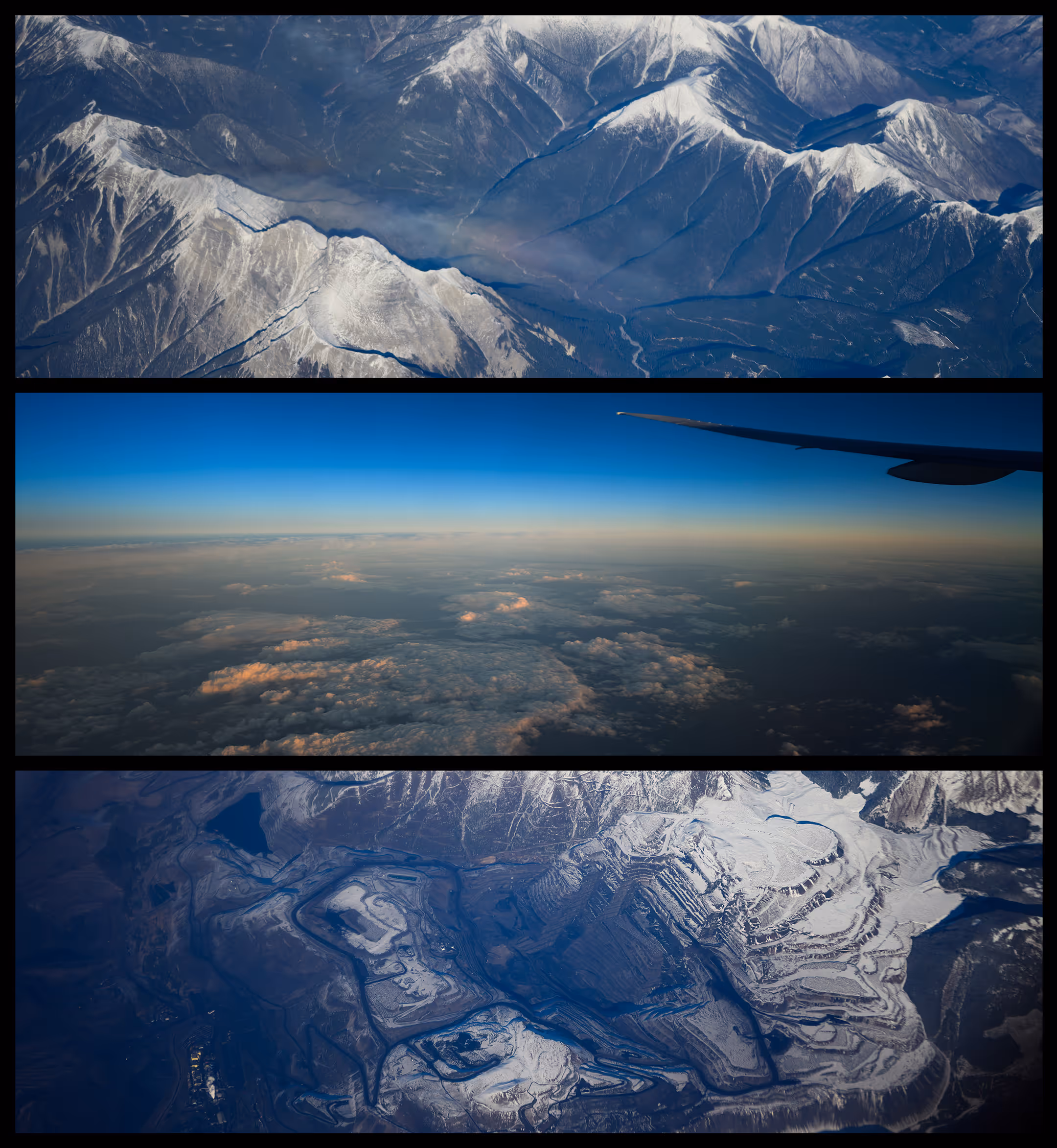 Triptych aerial views showing snowy mountain ranges, a wing of an airplane over clouds at sunrise or sunset, and snow-covered land formations.