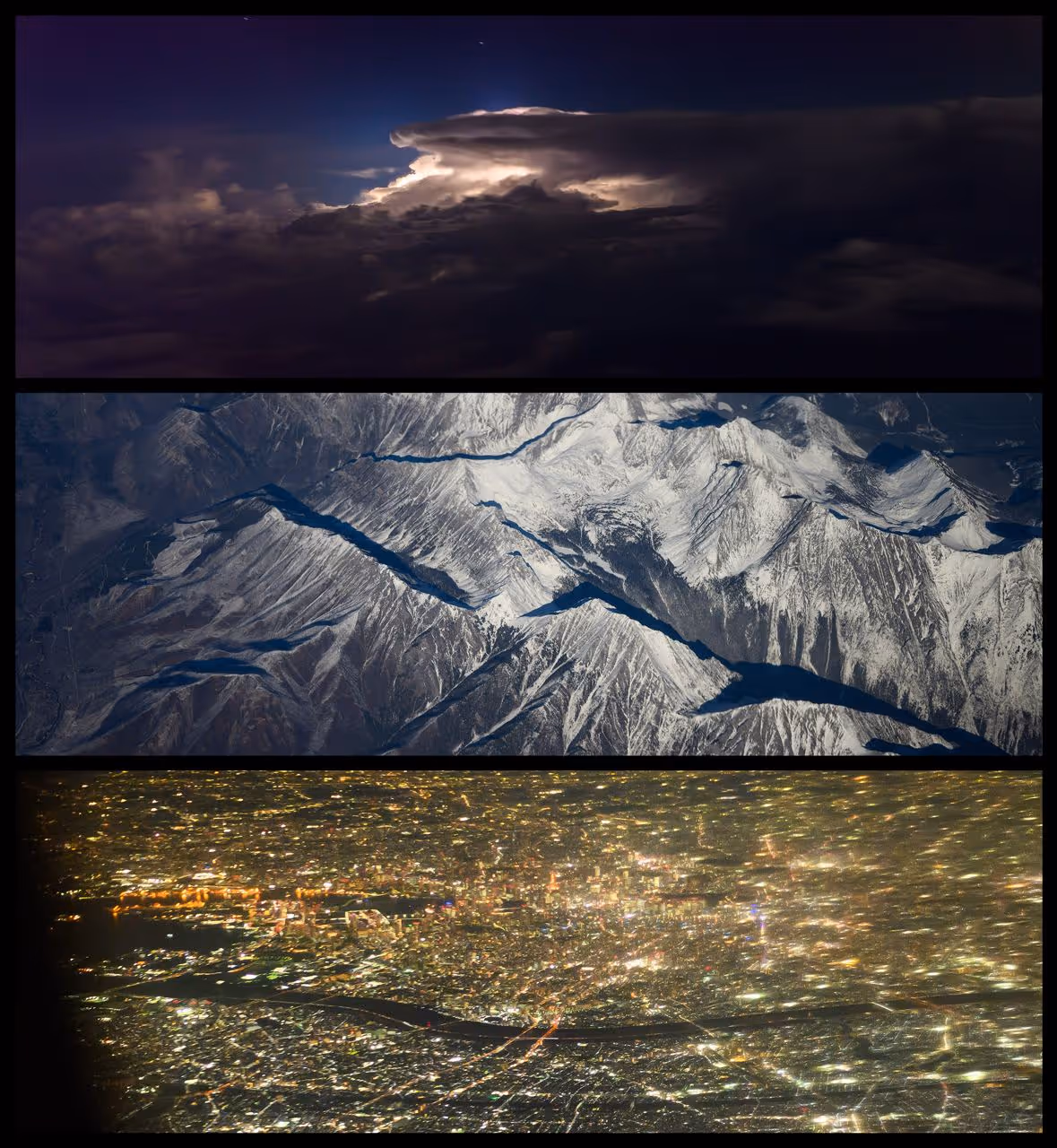 Triptych of aerial views showing illuminated clouds at night, snow-covered mountain ranges during daytime, and a sprawling cityscape with glowing lights at night.