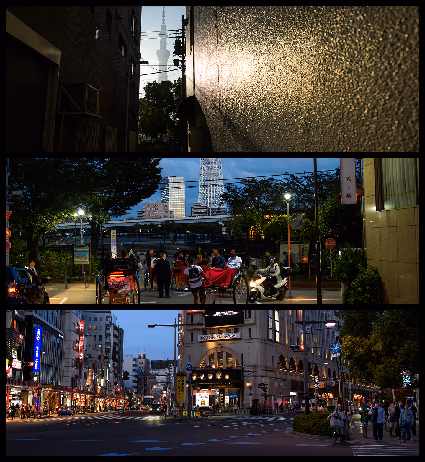 Three city scenes of Tokyo featuring Tokyo Skytree at different times of day: a narrow alley with silhouette of Skytree, a street with rickshaws and people near Skytree at dusk, and a busy urban intersection with illuminated signs and pedestrians at night.