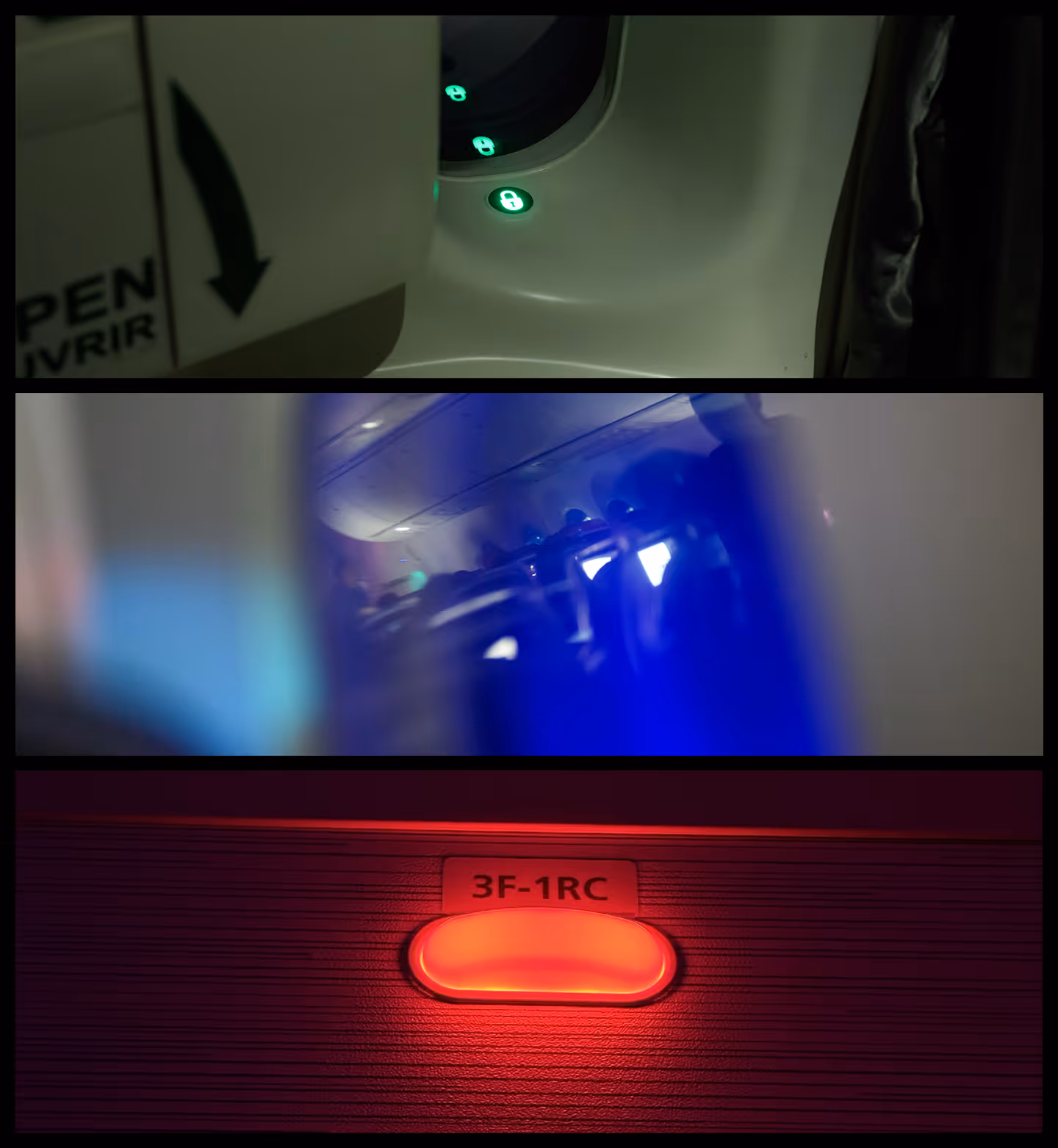 Three-panel image showing a plane window with green lock icons, a blue-lit airplane cabin interior with passengers, and a red illuminated sign labeled 3F-1RC.