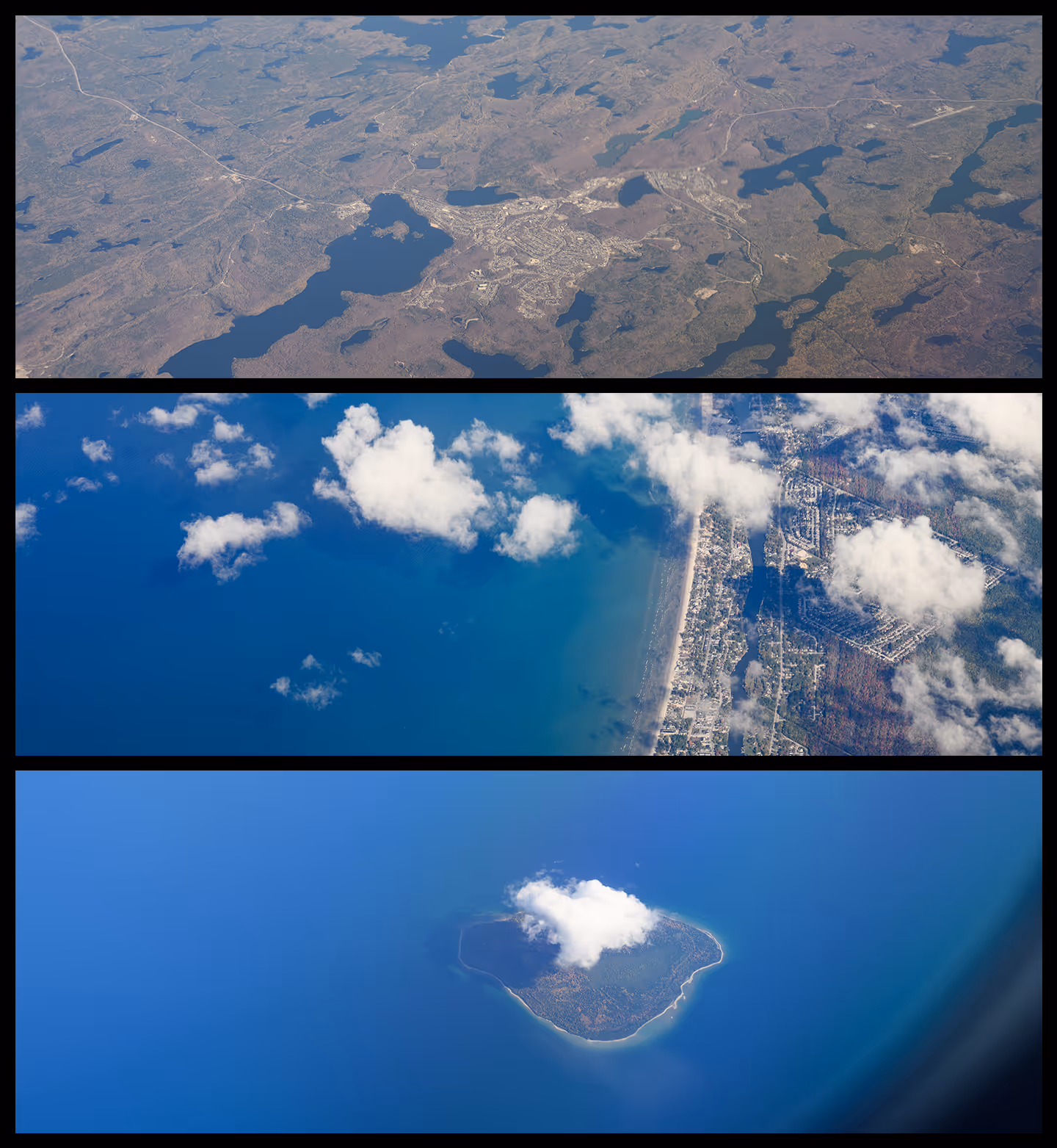 Three aerial views: a large land area with lakes and roads, a coastal town by the ocean partly covered by clouds, and a small island with a cloud above it surrounded by blue water.