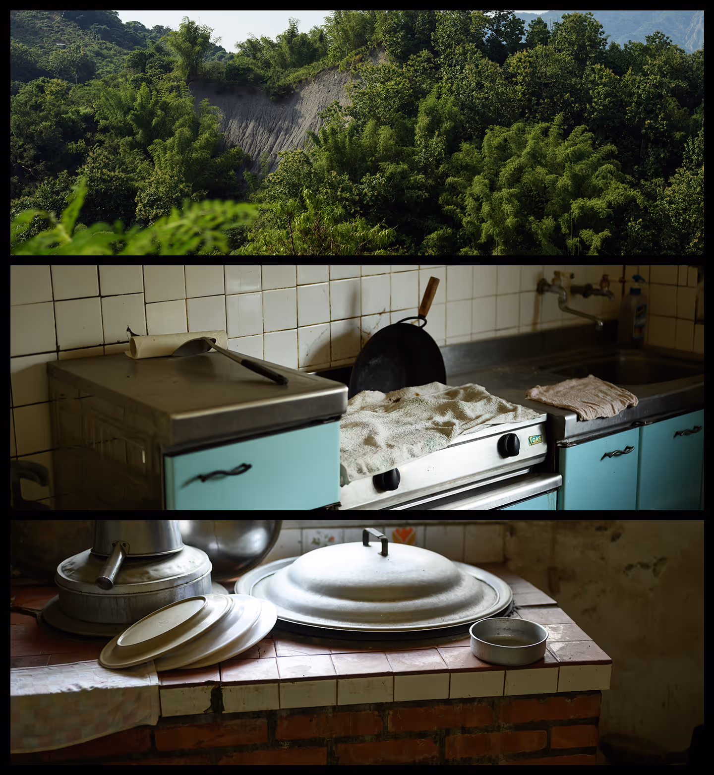 Three horizontal sections showing a green forested hillside, a vintage kitchen stove with cloths on it, and a rustic kitchen counter with metal lids and pots.