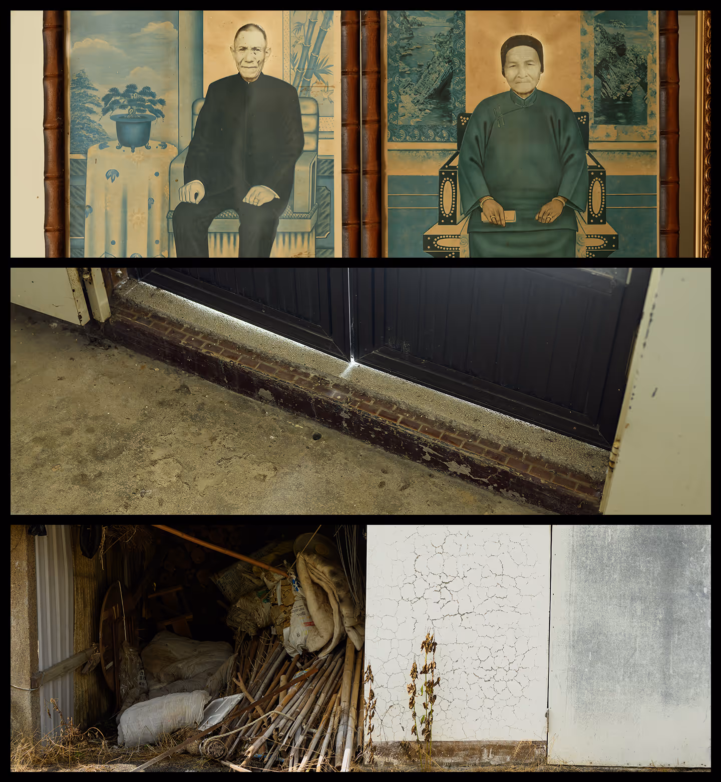 Collage of three images: top, framed portrait paintings of an elderly man and woman in traditional clothing seated on chairs; middle, close-up of a weathered doorstep with a closed dark door; bottom, cluttered shed interior with farming tools and materials beside a white, cracked wall with dried plants.
