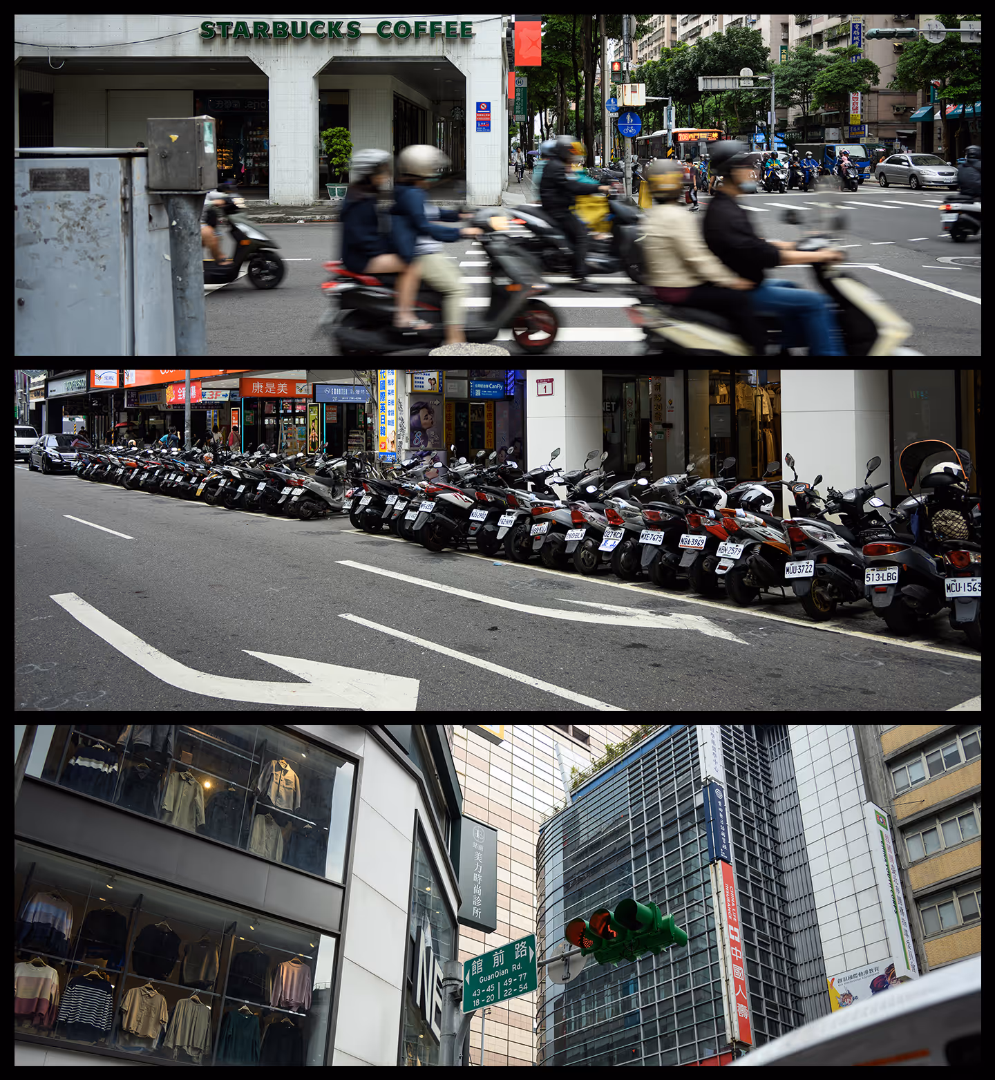 Busy urban street scene with blurred scooters crossing in front of a Starbucks, a long row of parked scooters along the road, and a city intersection featuring clothing stores and tall buildings with traffic lights.