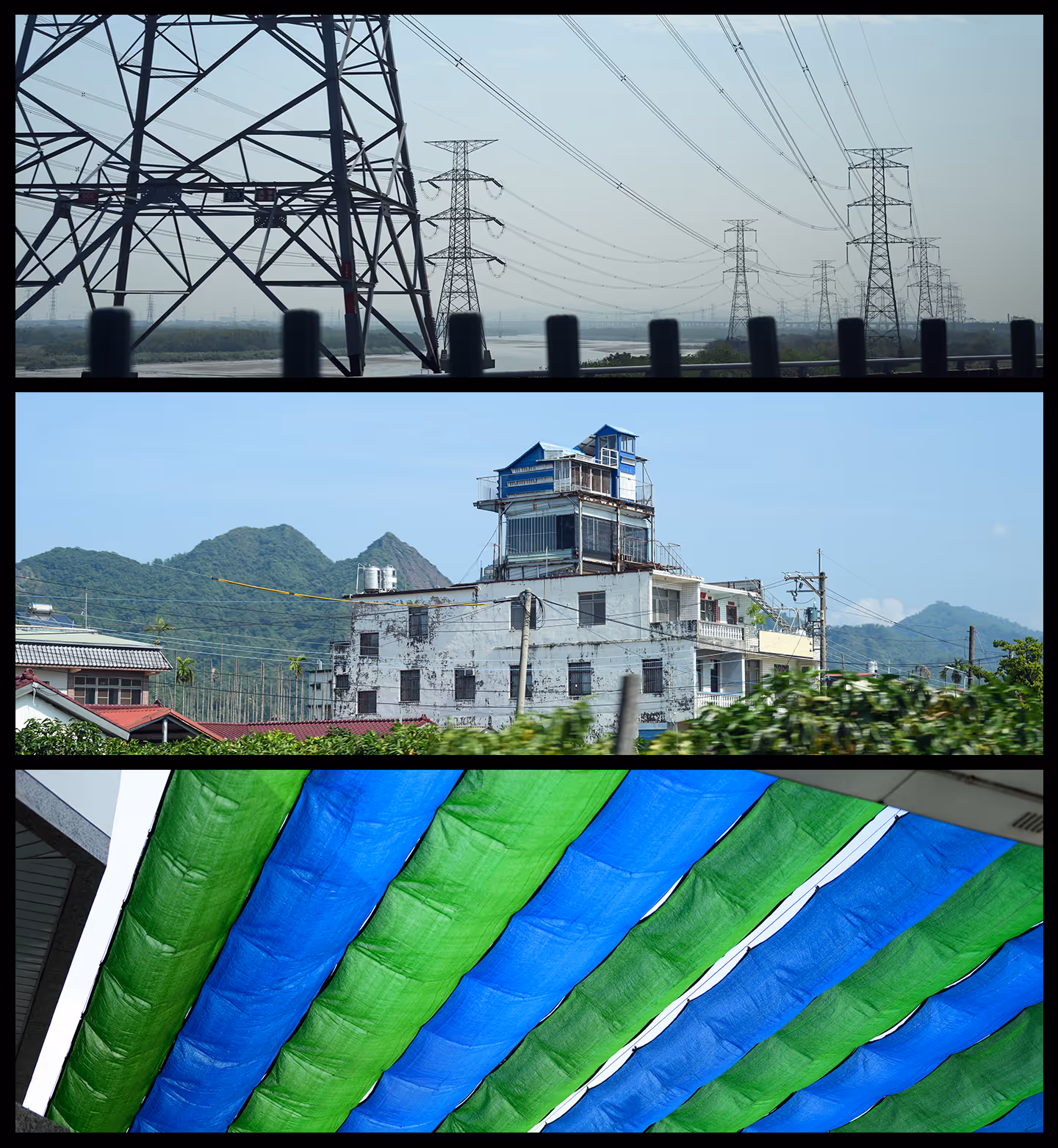 Triptych of images showing electrical power lines on towers over a river, a multi-story building with a rooftop structure against a mountainous background, and alternating green and blue fabric panels stretched overhead.