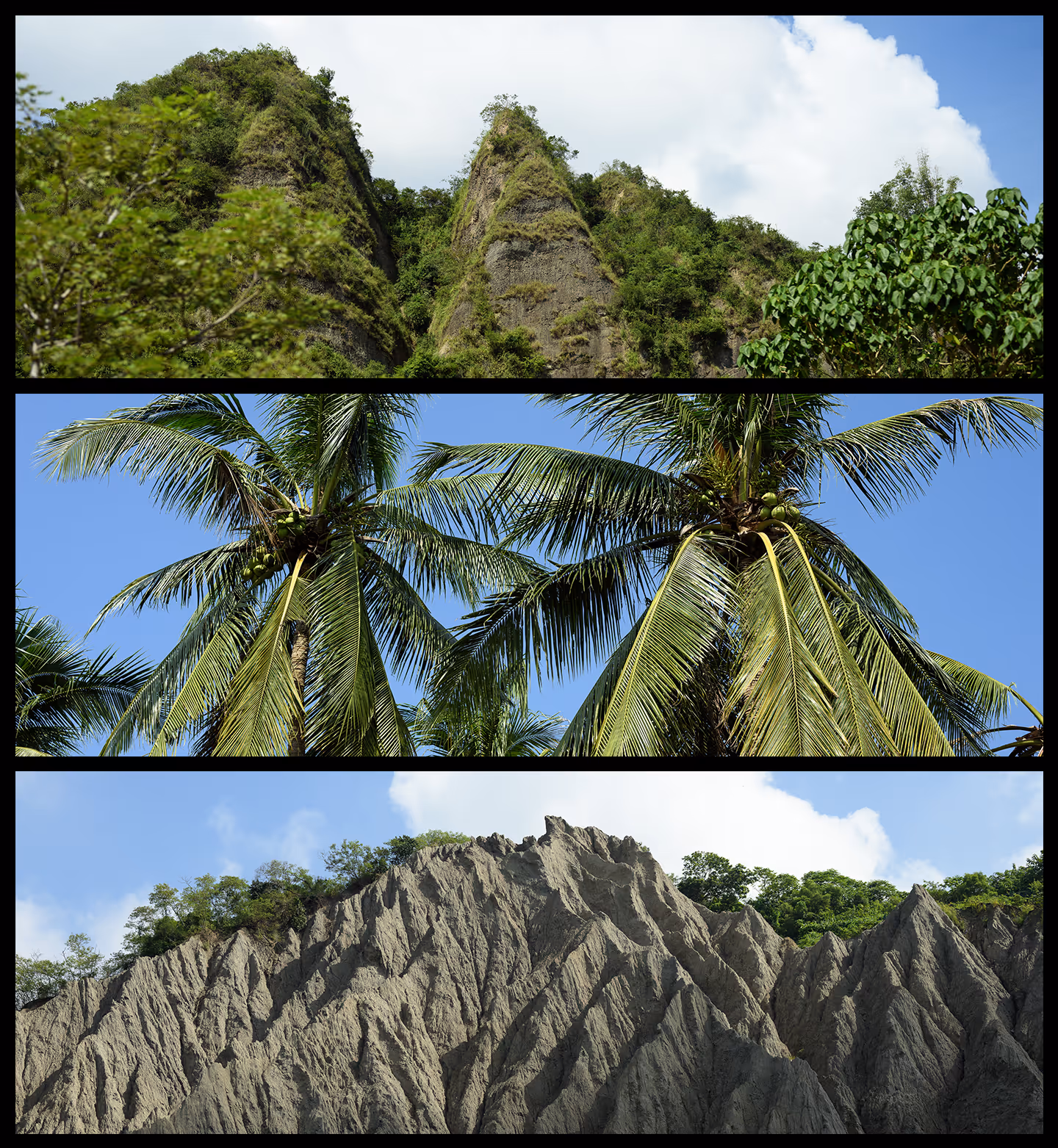 Collage of three nature images: top shows steep rocky hills with greenery under a cloudy sky, middle shows coconut palm trees with coconuts against a clear blue sky, bottom shows rugged gray cliffs with sparse green vegetation under a partly cloudy sky.