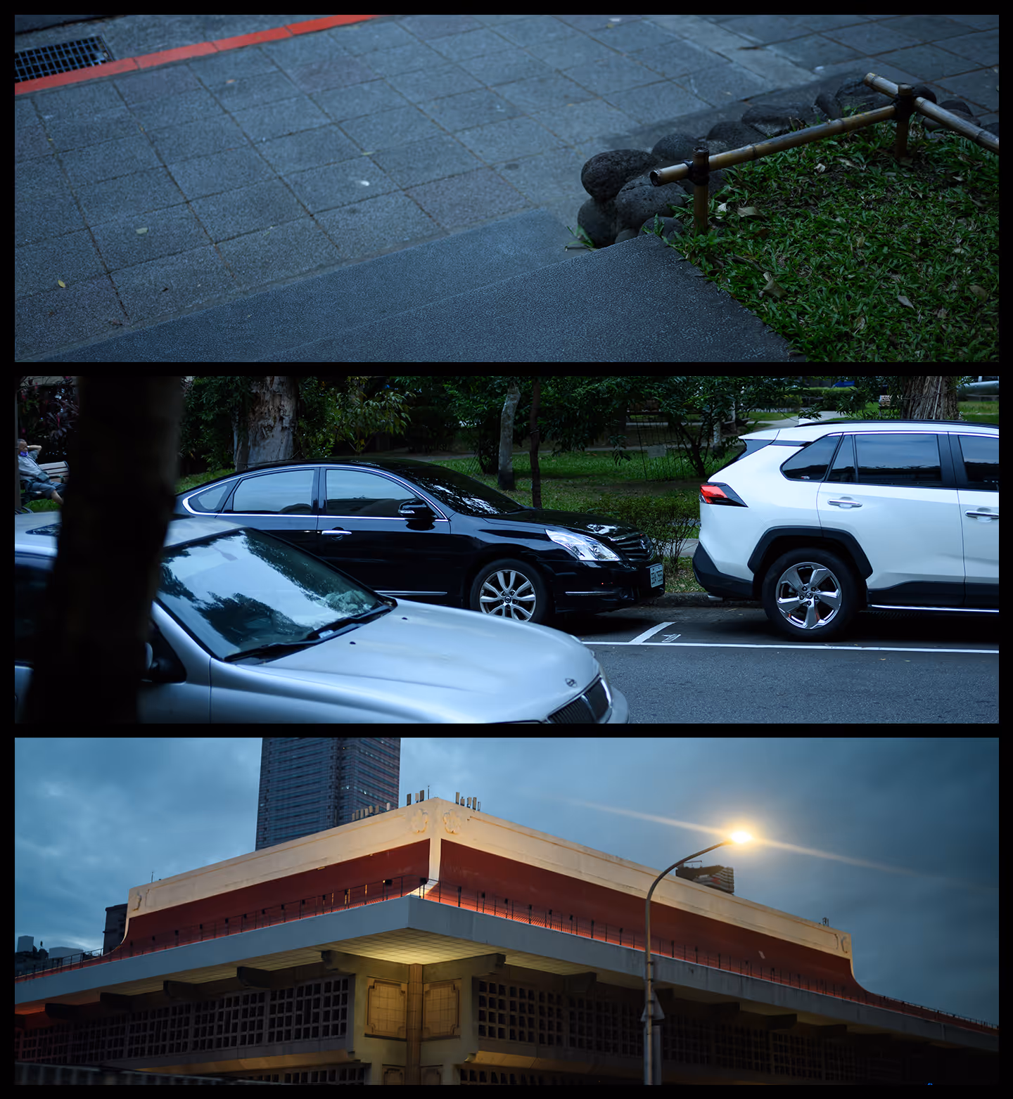 Three-image collage showing a tiled pavement with grass and stone border, parked cars by a roadside with trees, and the exterior of a modern building illuminated at dusk under a cloudy sky.