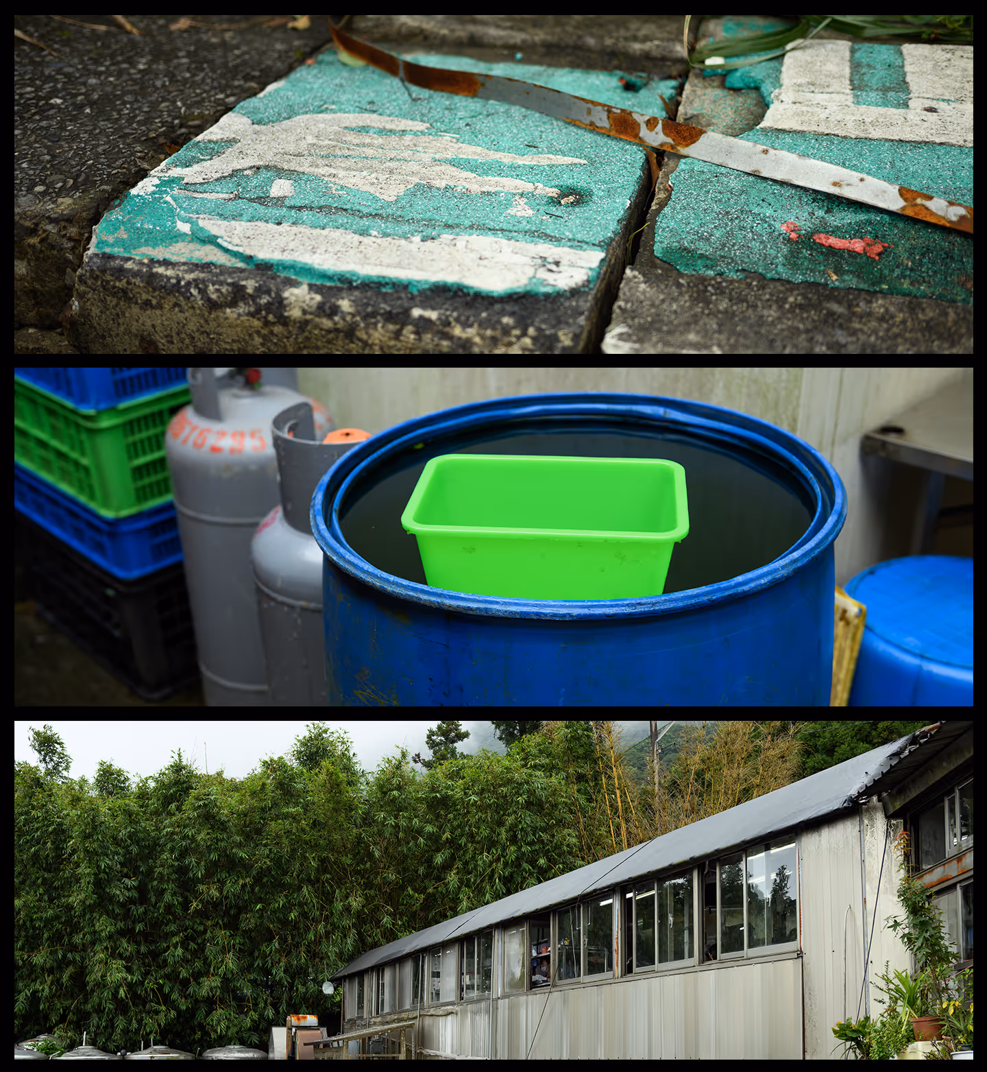 Three images stacked vertically showing a cracked painted stone surface, a green plastic container inside a blue barrel with gas cylinders in the background, and a metallic building surrounded by dense bamboo trees.