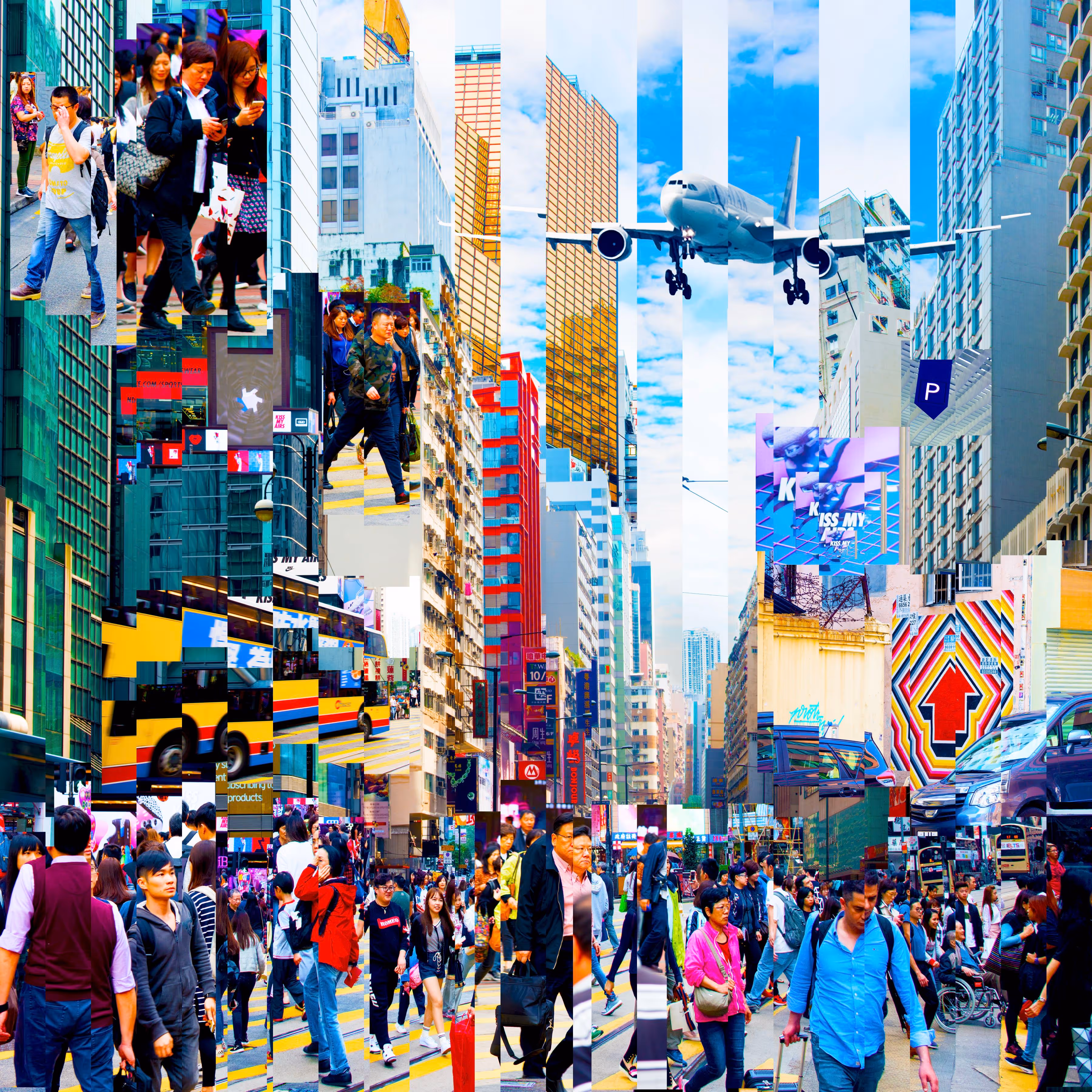 Collage of a busy urban street with pedestrians, tall buildings, a yellow bus, and an airplane in the sky.