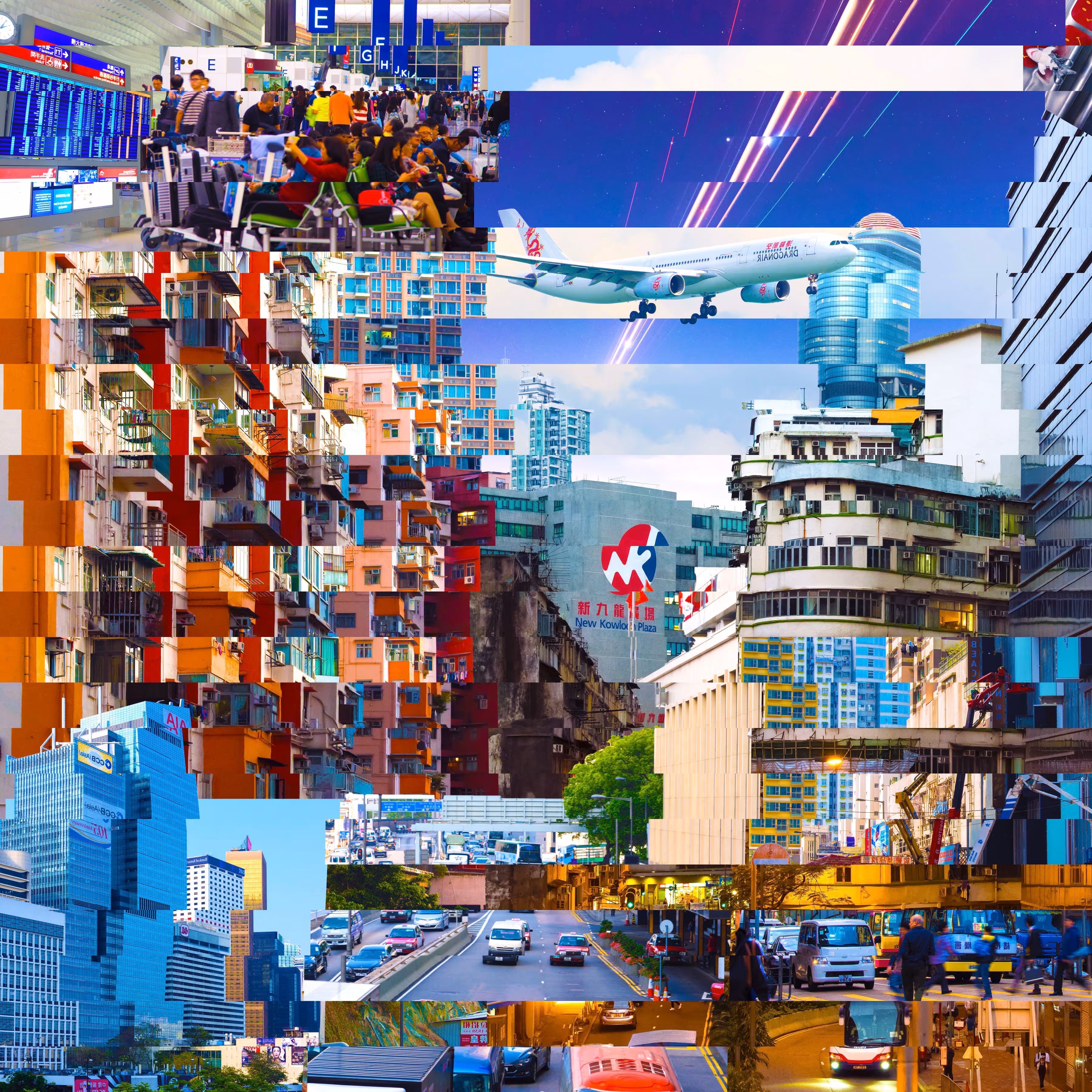 Collage of urban scenes featuring airport terminal, airplane in flight, colorful and modern buildings, busy city streets, and pedestrians.