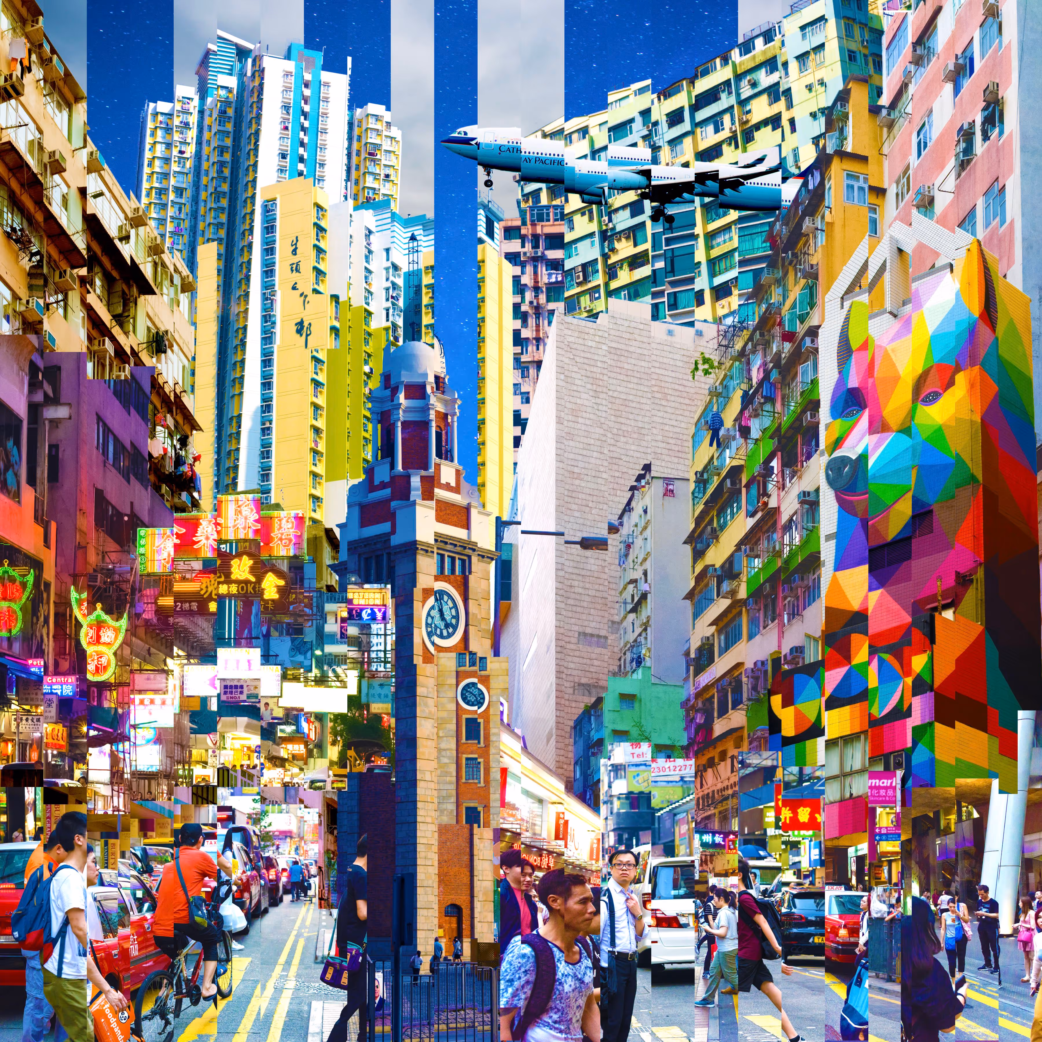 Busy urban street scene with colorful buildings, neon signs, people walking and cycling, and an airplane flying overhead.