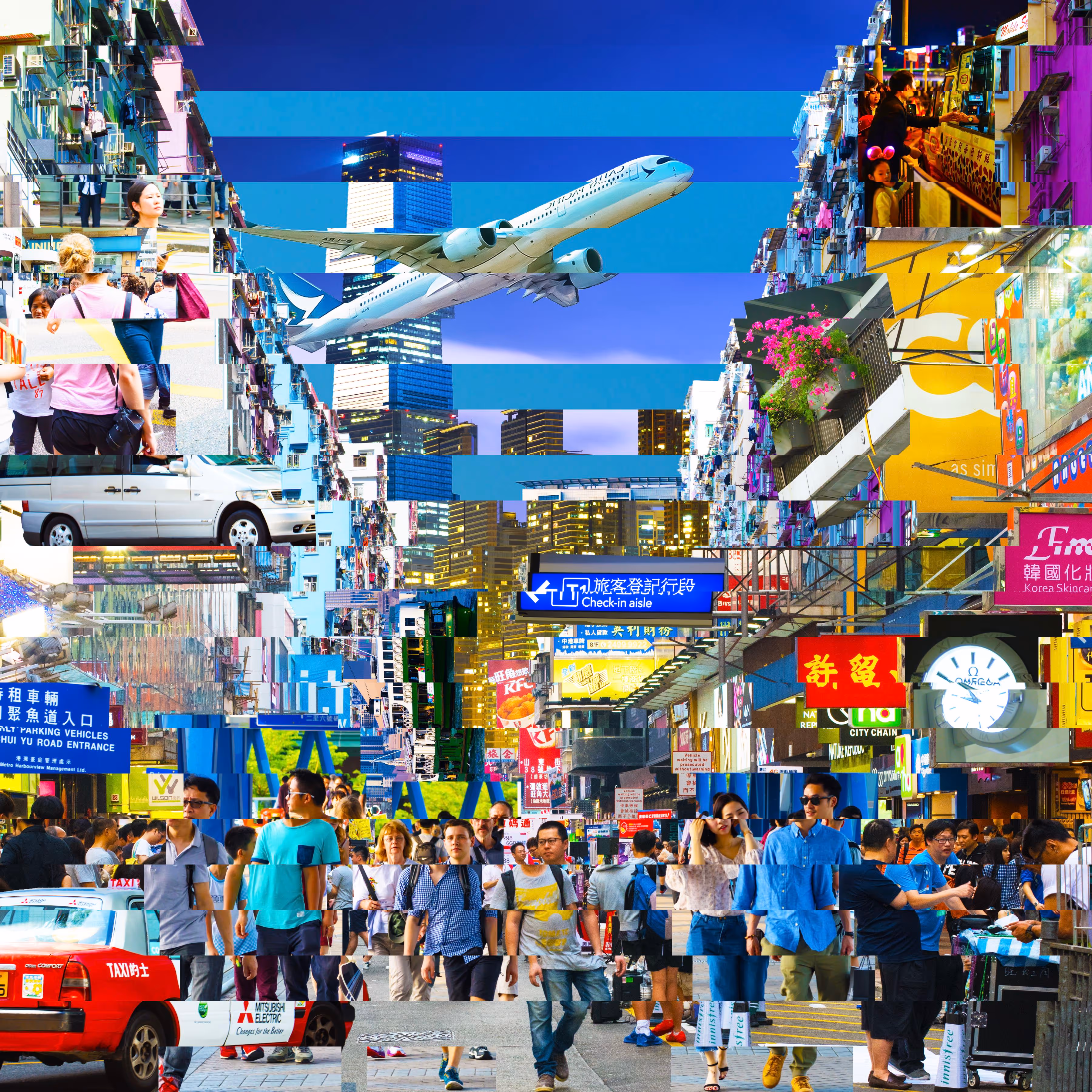 Collage-style busy urban street scene with crowds of people walking, tall buildings, bright signs, a plane overhead, and a red taxi.