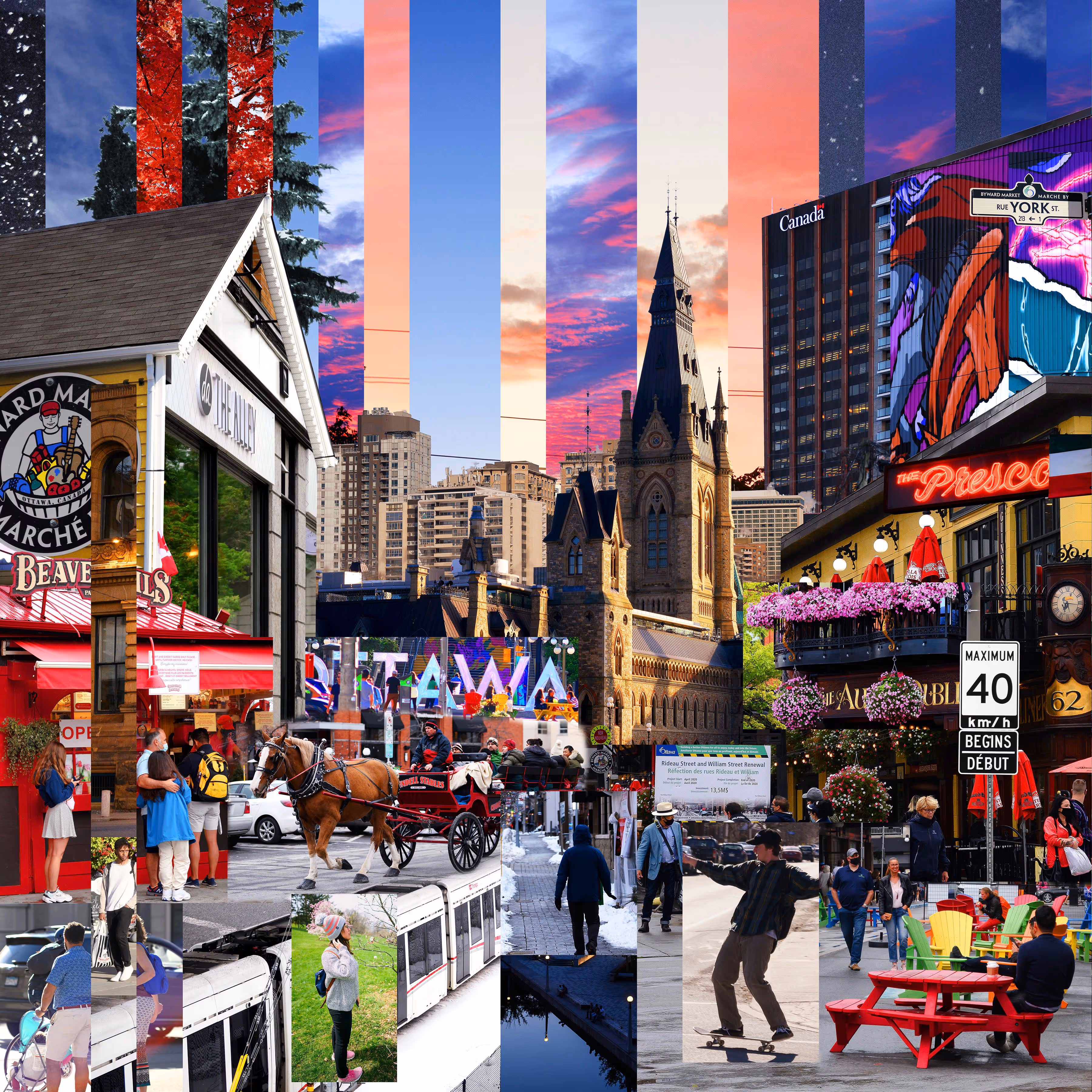 Collage of Ottawa city landmarks including ByWard Market, Parliament building, a horse-drawn carriage, skateboarding, public transit, and people enjoying outdoor spaces.