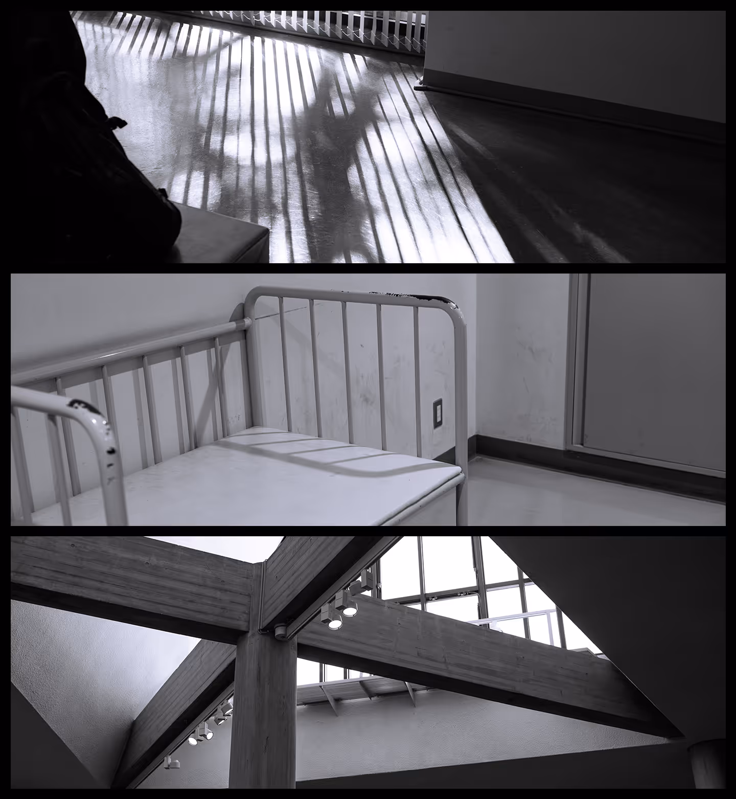 Three black and white photos: top shows shadows of bars and a person on a floor; middle shows a white metal bench against a wall; bottom shows architectural beams and ceiling lights near a large window.