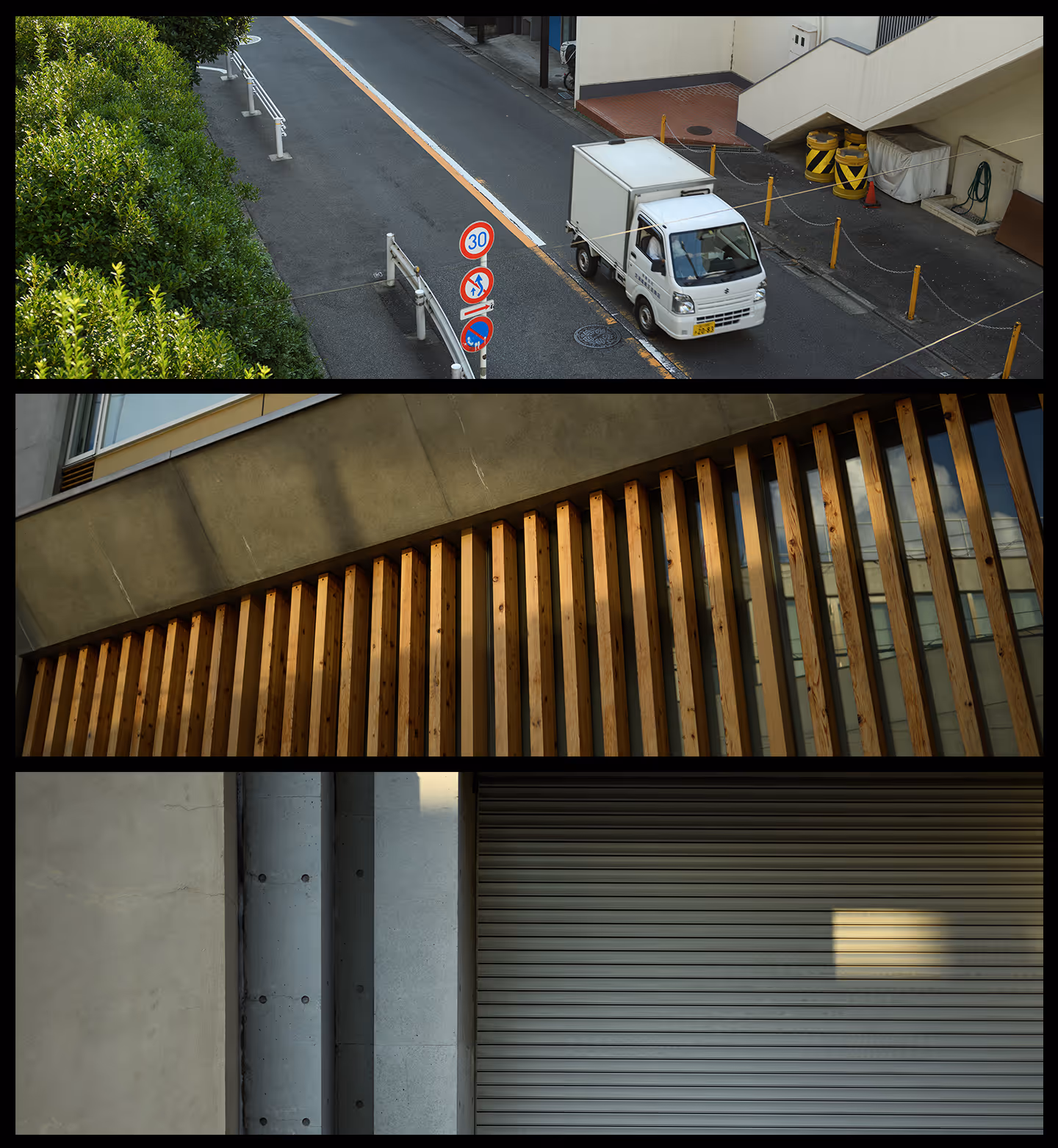 Collage of three urban scenes: white van on street with traffic signs, wooden slats on building facade, and concrete wall with closed metal shutter.