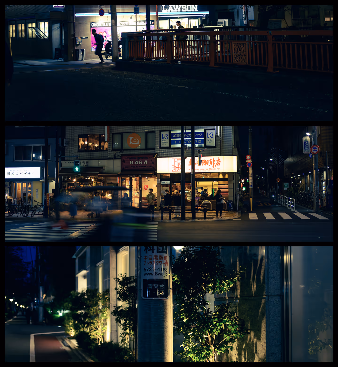 Nighttime urban street scenes in Japan showing pedestrians, illuminated shop signs, and a quiet sidewalk with lit plants.