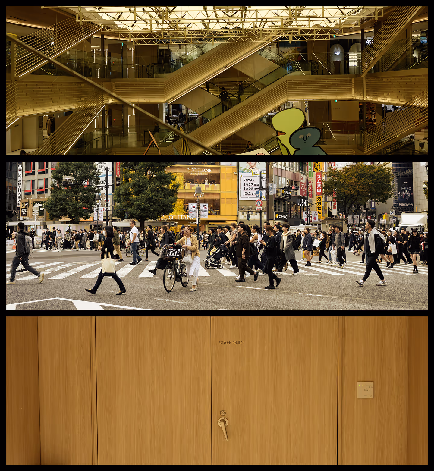 Collage of three images showing golden escalators inside a building, a busy pedestrian crossing in a city, and a wooden staff-only door.