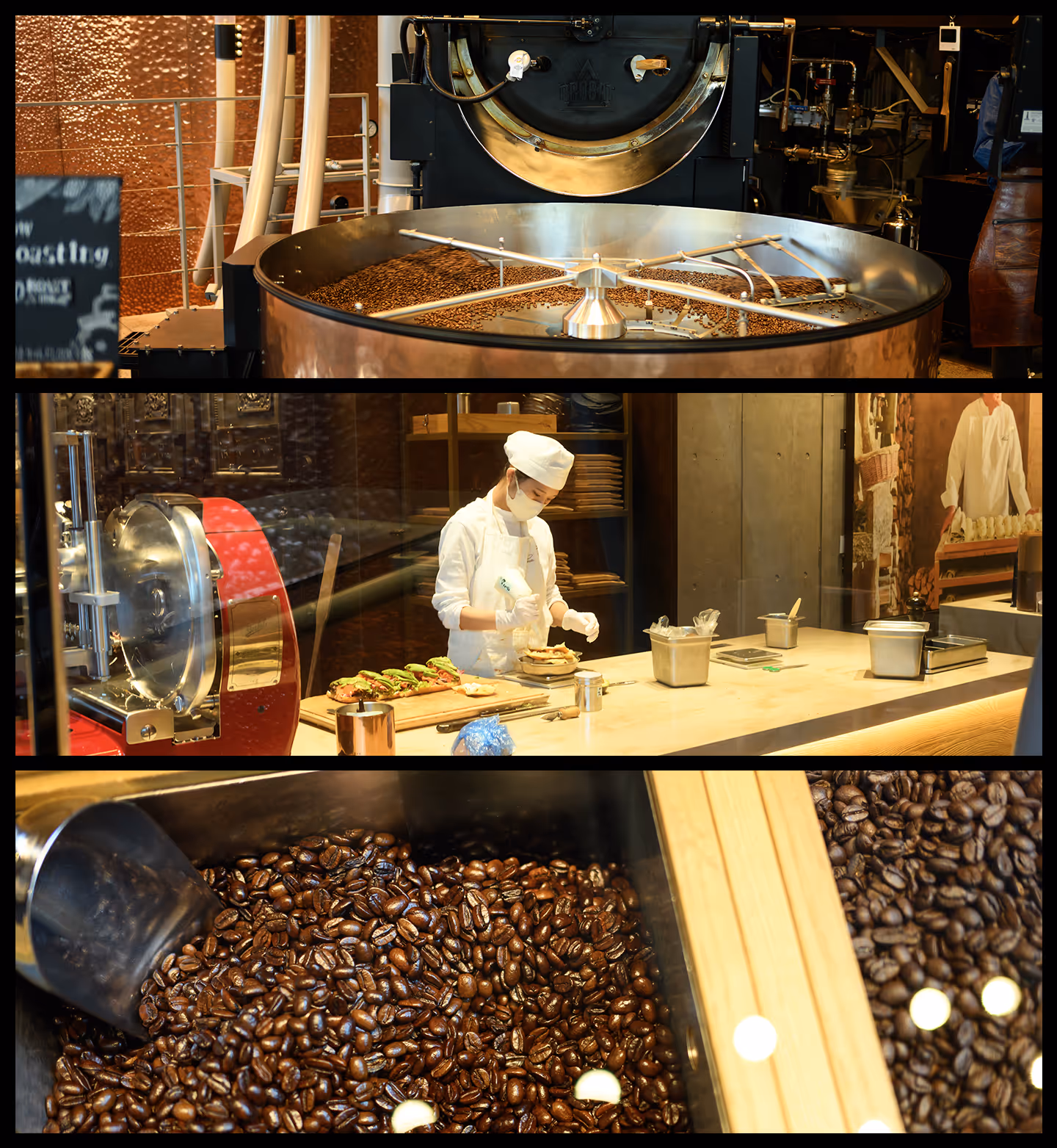 Collage of coffee roasting and preparation: top shows coffee beans cooling in a large circular roaster, middle depicts a barista in a white uniform and mask preparing food behind a counter, bottom displays close-up of roasted coffee beans in a container with a scoop.