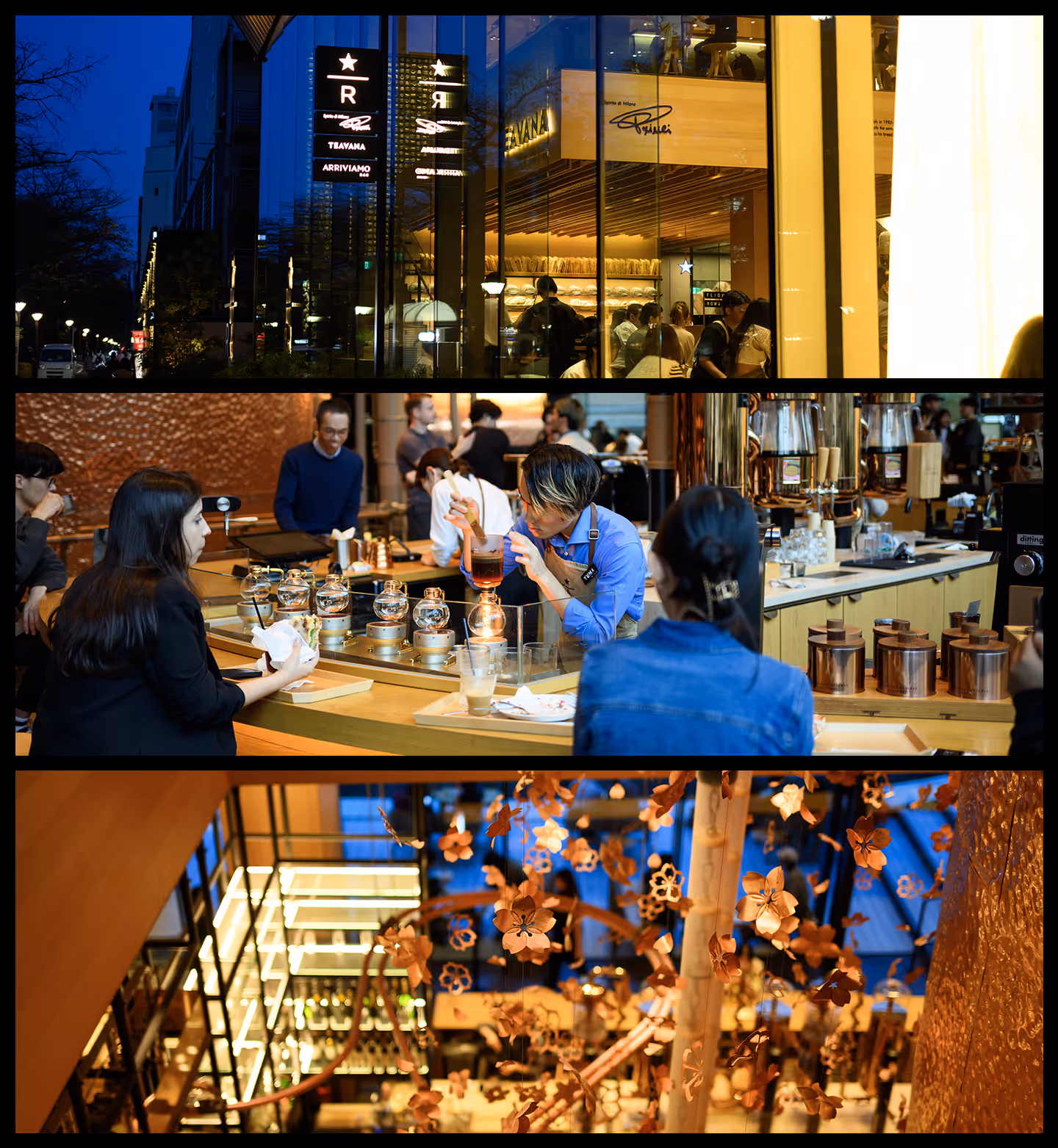 Collage of three images showing a modern coffee shop: exterior glass facade at night, barista preparing brew while customers watch, and decorative hanging flowers inside the shop.