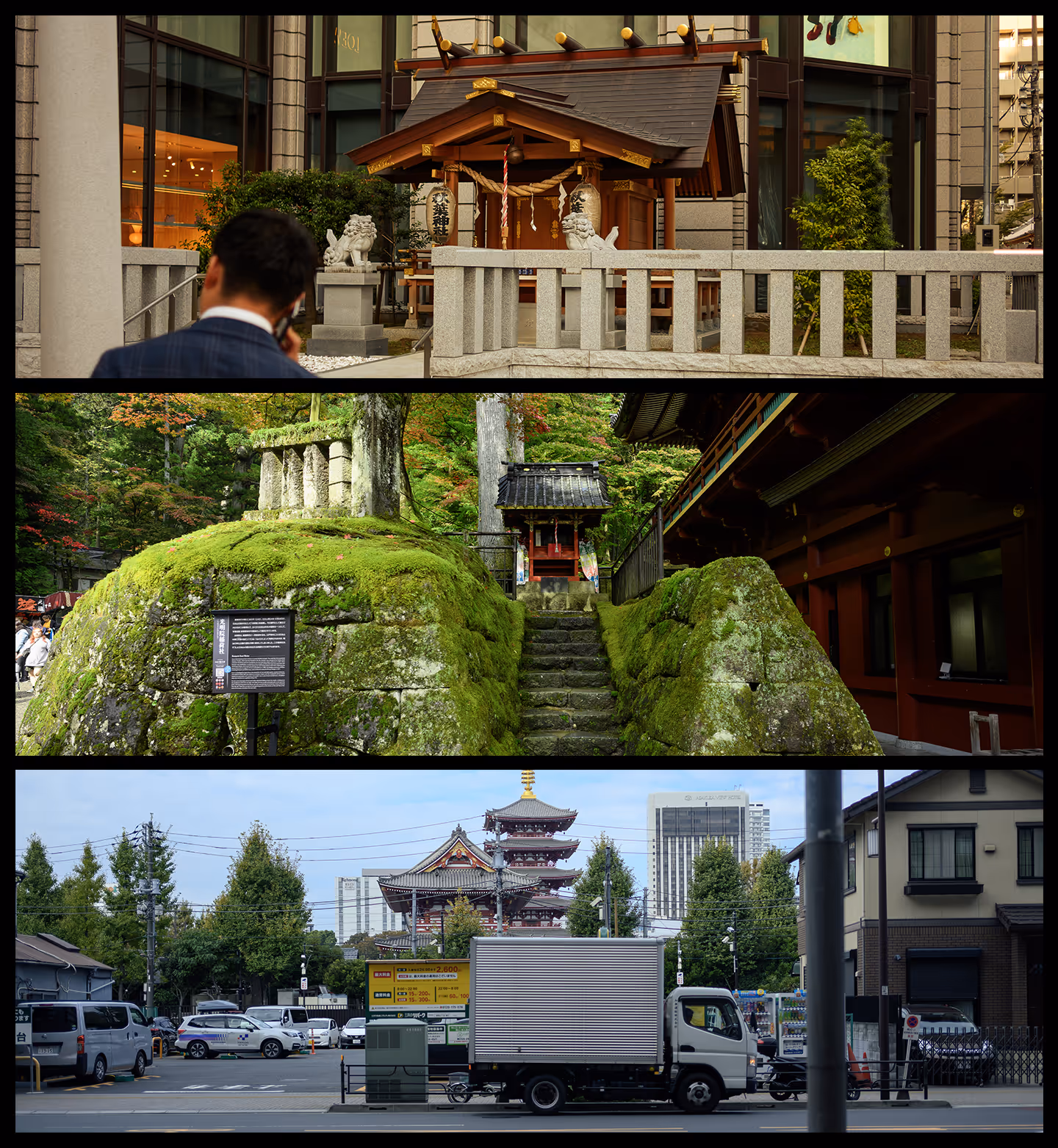 Three photos showcasing Japanese urban and traditional scenes: a man on a phone near a small shrine with stone statues, moss-covered stone steps leading to a small temple in a forest, and a city street with a truck and a temple pagoda in the background.
