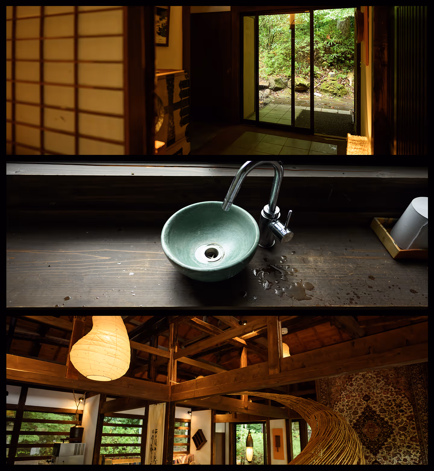 Modern ceramic sink with a curved metal faucet on a wooden countertop inside a traditional Japanese-style room with shoji screens, wooden beams, and hanging lanterns.