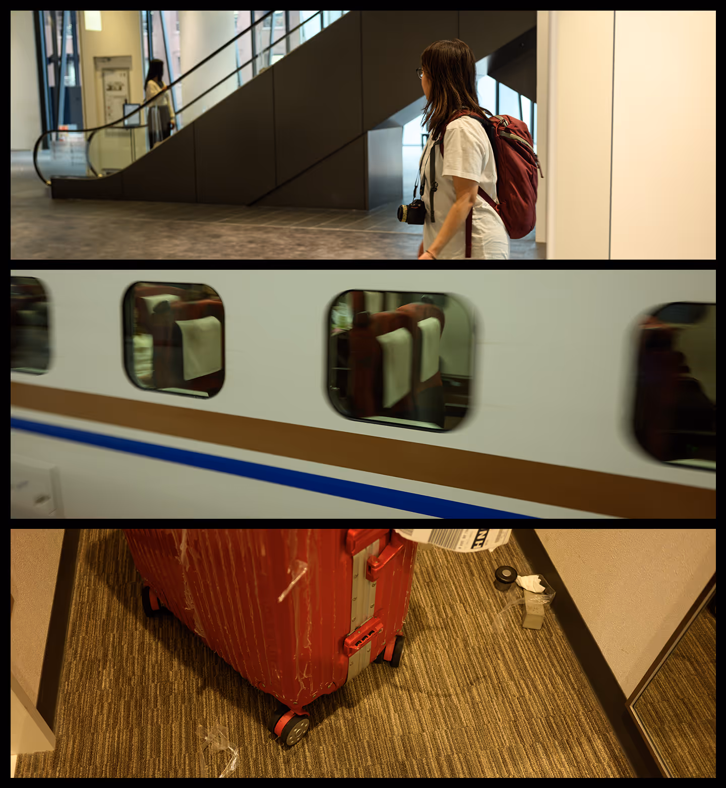 Three segmented scenes showing a woman with a backpack and camera in a modern building, a close-up of a train with brown and blue stripes, and a worn red suitcase on carpeted floor in a hotel room.