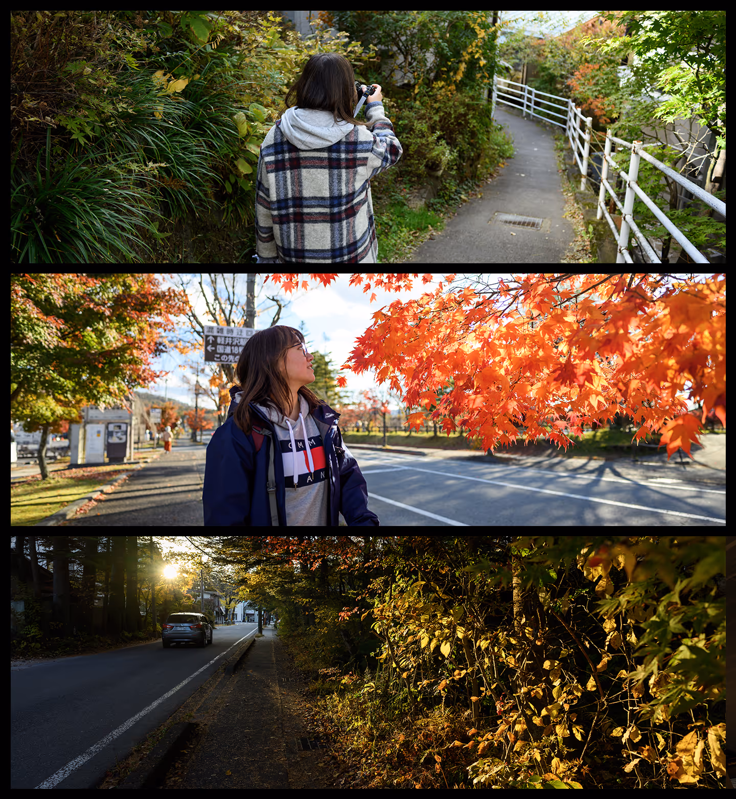 Collage of three autumn scenes: a person in a plaid jacket photographing nature on a leafy path, a person admiring bright orange maple leaves by a street, and a car driving on a sunlit road surrounded by autumn foliage.