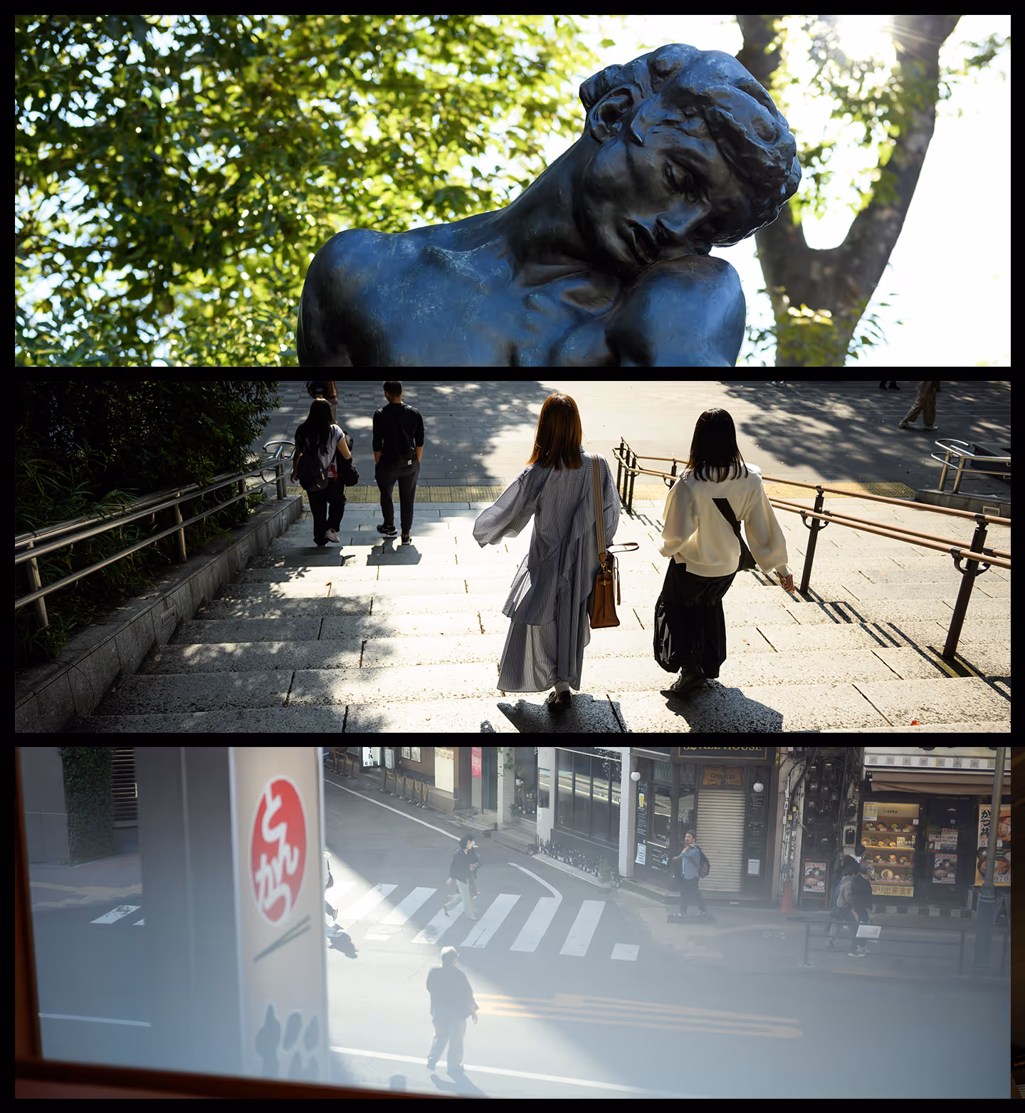 Collage of three images: top shows a close-up of a contemplative statue with trees in the background, middle shows people walking down sunlit stairs outdoors, bottom shows pedestrians crossing a street in a city with shops.