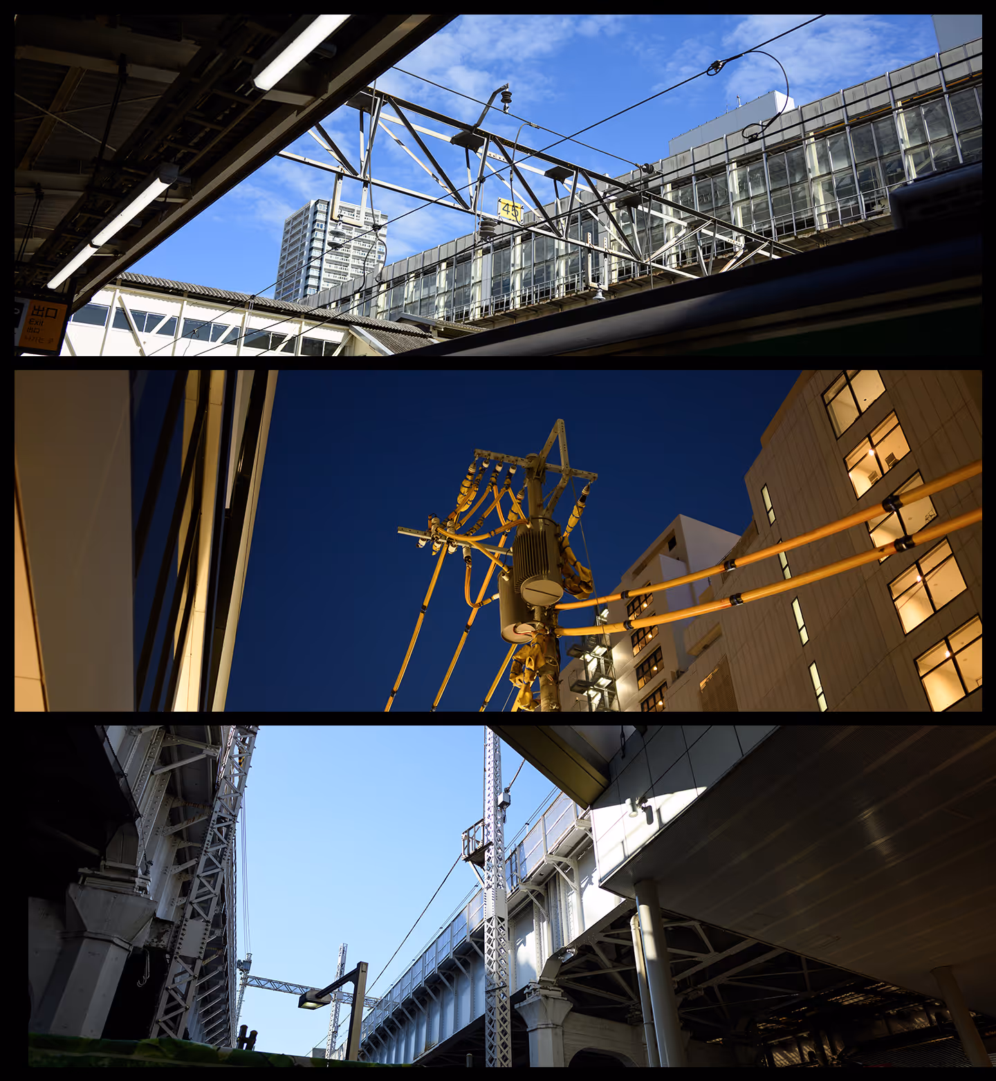 Three urban scenes featuring overhead train tracks and electrical wiring against blue sky and nighttime sky with buildings in the background.