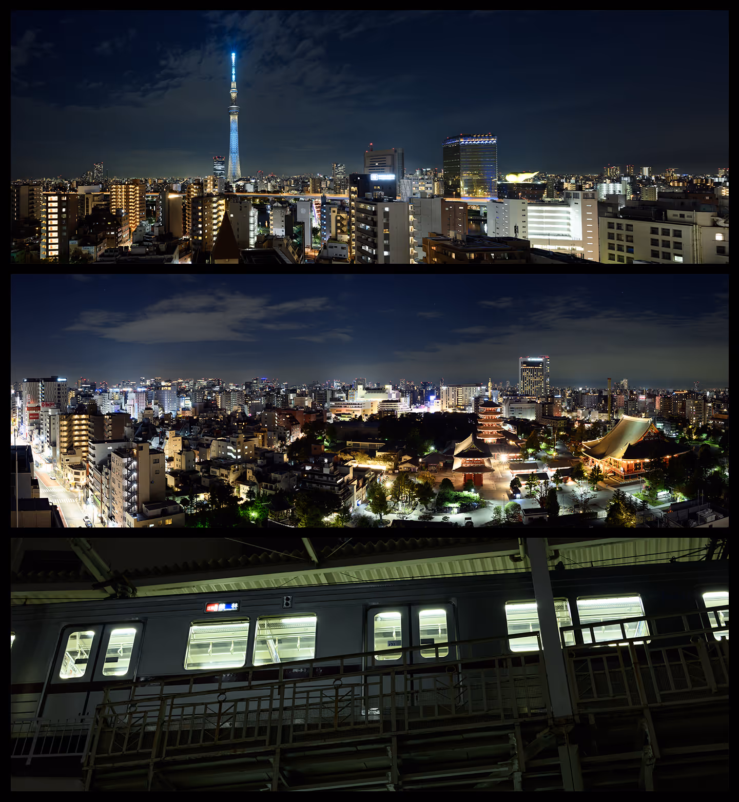 Triptych of nighttime city scenes featuring a brightly lit Tokyo Skytree, an illuminated temple among city buildings, and a lit subway train at a station.