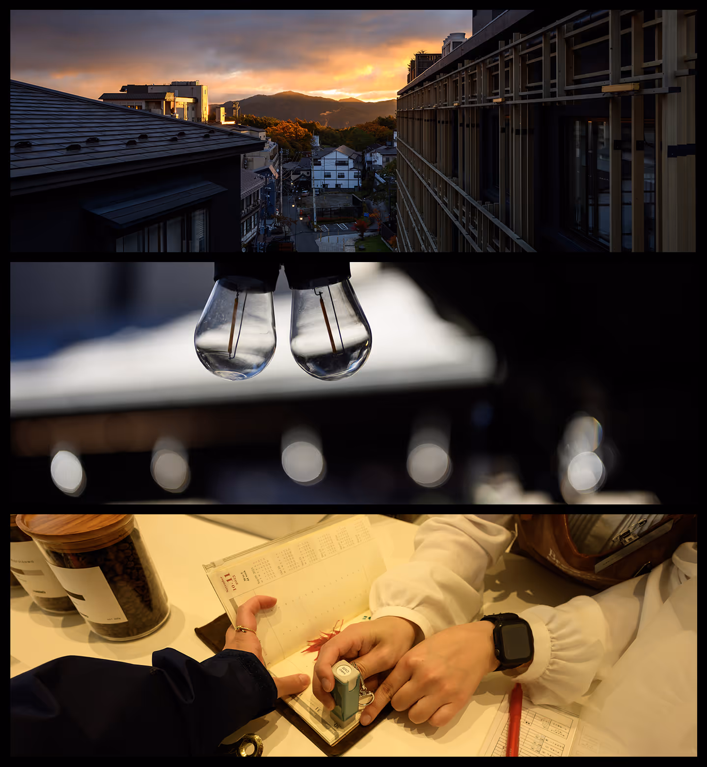 Three-part image showing a sunset over buildings and mountains, close-up of two light bulbs, and hands stamping a book with a calendar.