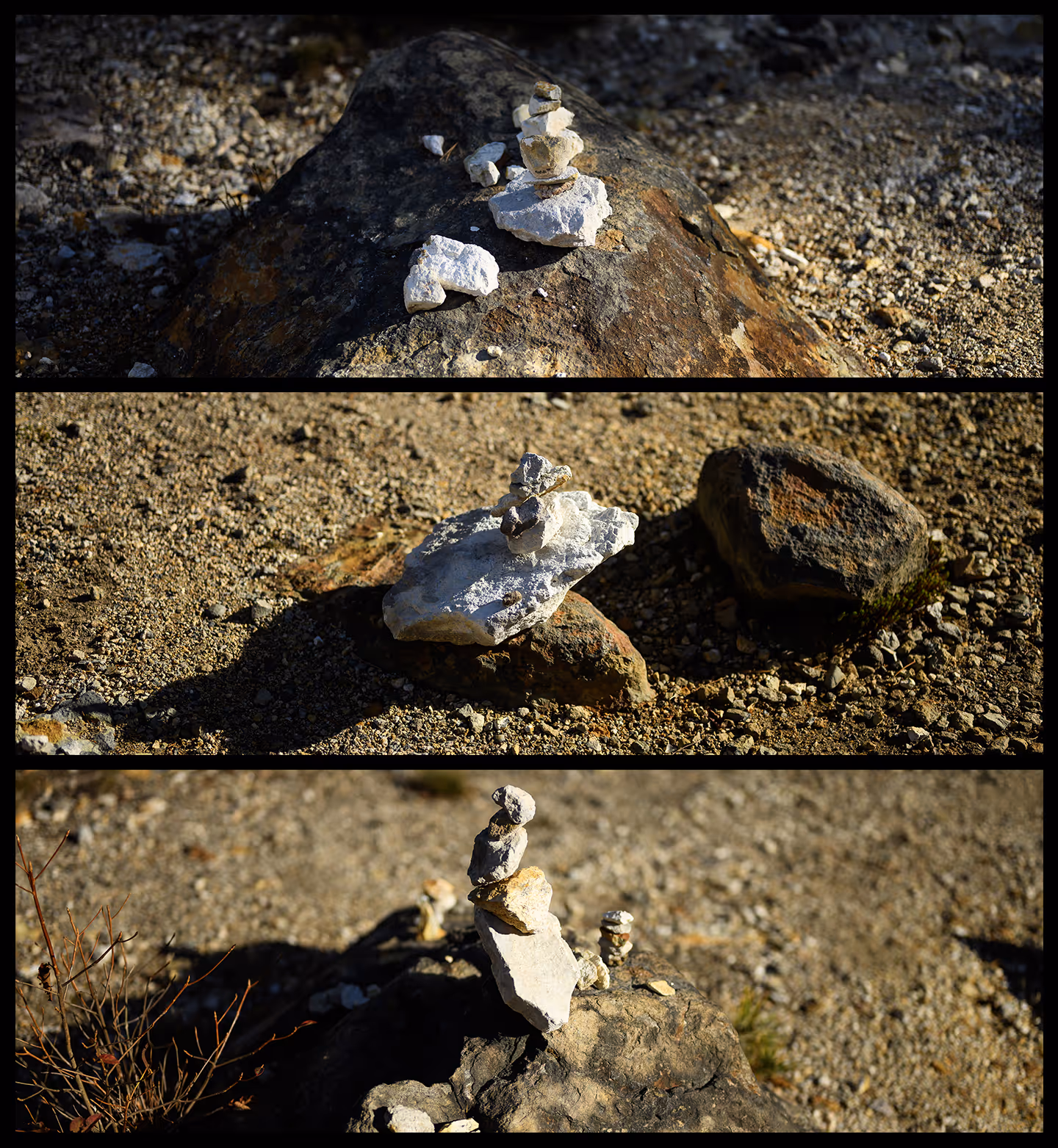 Collage of three photos showing small stacks of balanced white and grey stones on rough rocky ground with gravel.