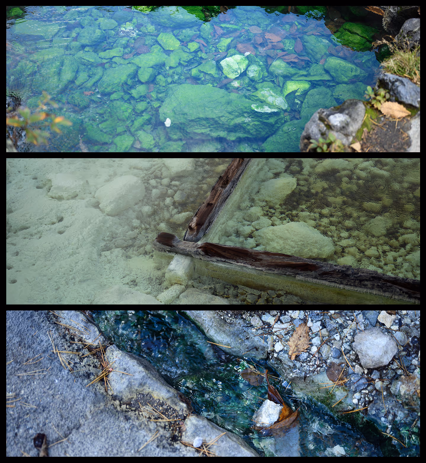 Three close-up sections of Onsen water over rocks and debris; top shows green algae-covered stones, middle shows underwater sediment with wooden pieces, bottom shows a small stream with leaves and gravel.