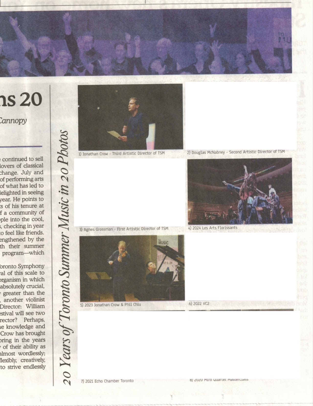 Collage of images celebrating 20 years of Toronto Summer Music, including portraits of artistic directors Jonathan Crow, Douglas McNabney, Agnes Grossman, a 2024 Les Arts Florissants performance, and 2023 concert with Jonathan Crow and Phil Chiu.