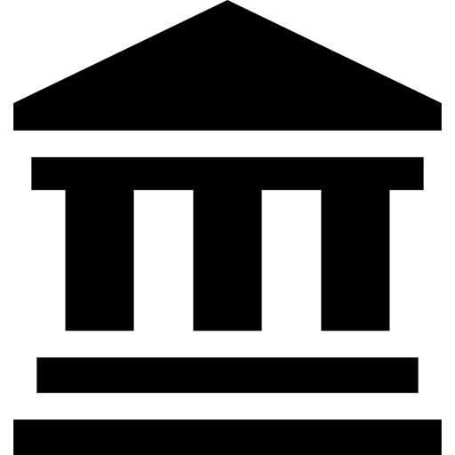 Black icon of a classical museum building with a triangular roof and three columns.